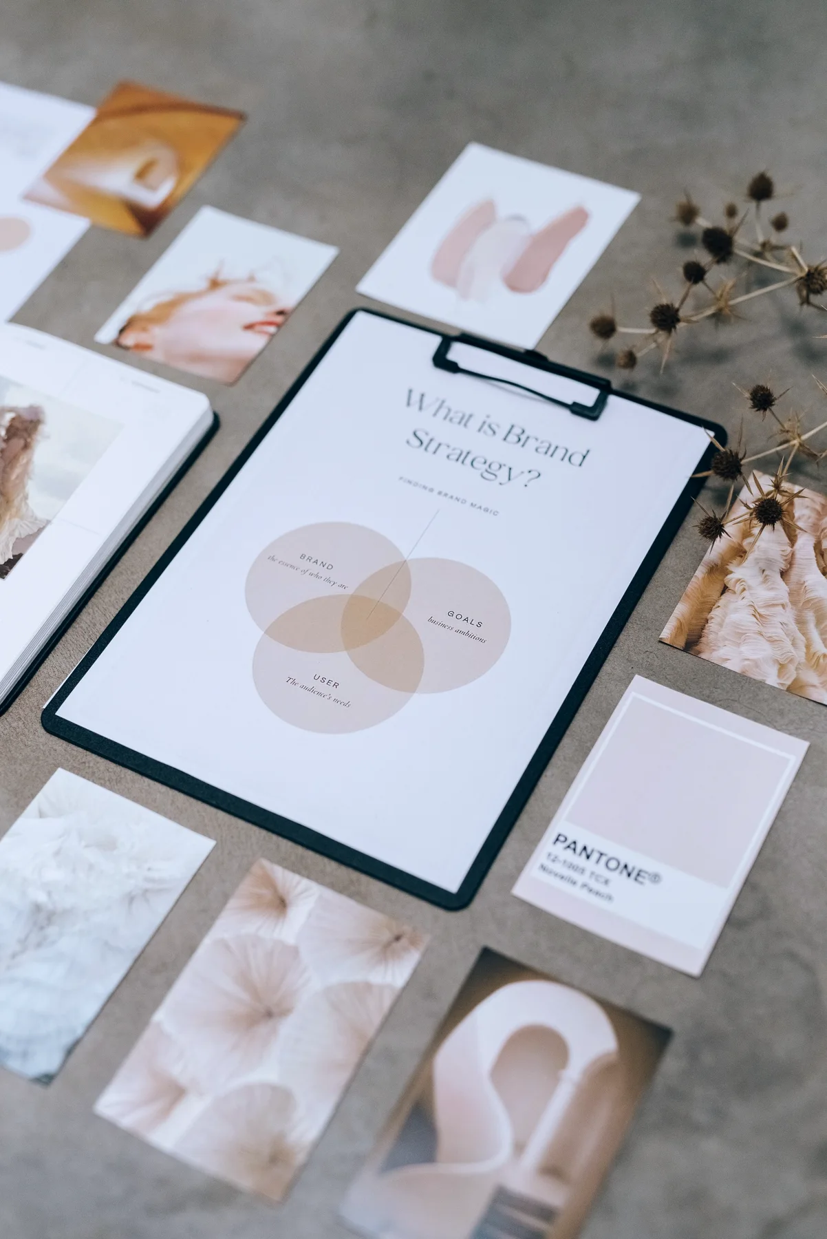 A brand-strategy board: a positioning diagram, colour references and mood images on a desk.